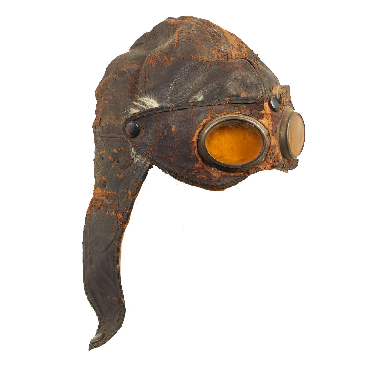 Original France WWI French Armée de l'Air Air Force Pilots Leather Flight Helmet With Button On Goggles